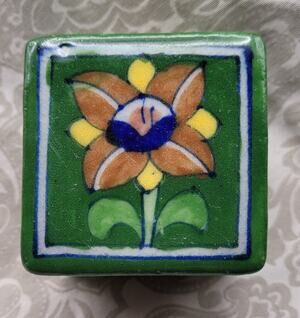 Vintage Ceramic Talavera Green Floral Hand Painted Jewlery Trinket Box, Wedding